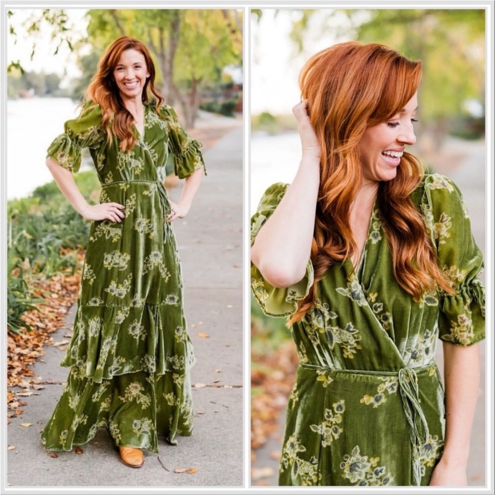 Anthropologie Olive Green Floral Velvet Maxi Dress